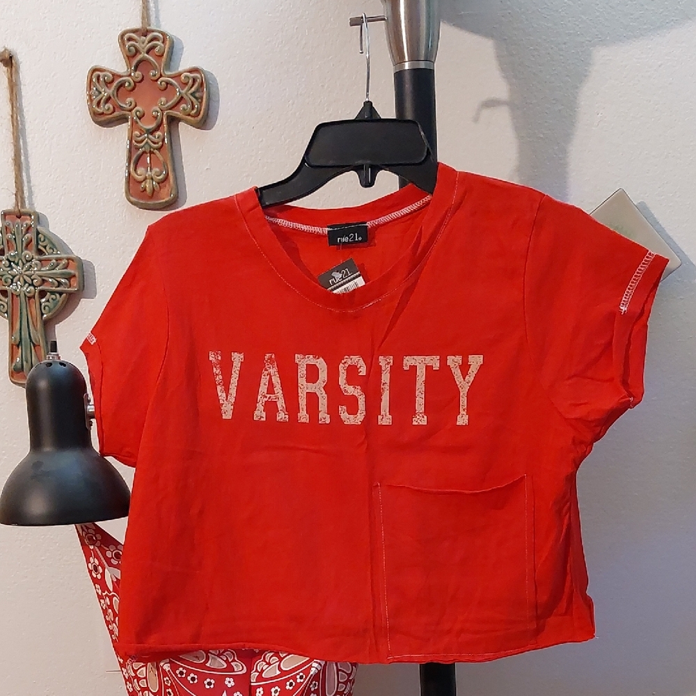Red Varsity Crop Top With Big Pocket